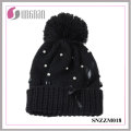 Alta Qualidade Inverno Multicolor Mulheres Pérola Bow Knit Hat Bola de Pele De Lã Cap